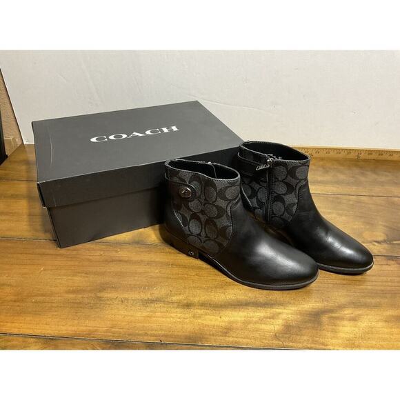 Coach Signature DENI LTR-SIG Bootie Black Size 6 B Coated Canvas Leather - Picture 1 of 12